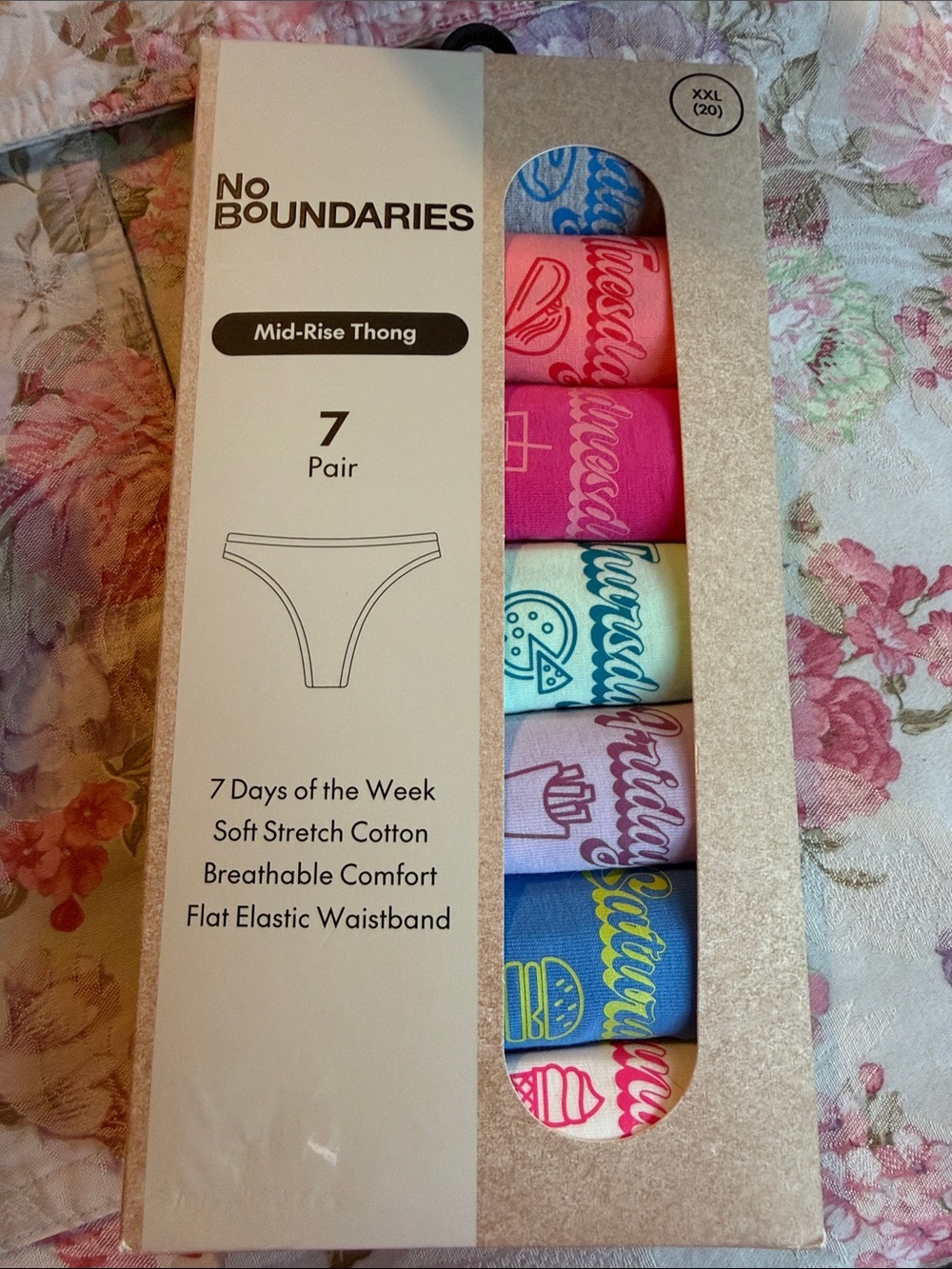 ☀️NEW No Boundaries 7 Pack Mid Rise Thong Underwear XXL 20 Days of Week